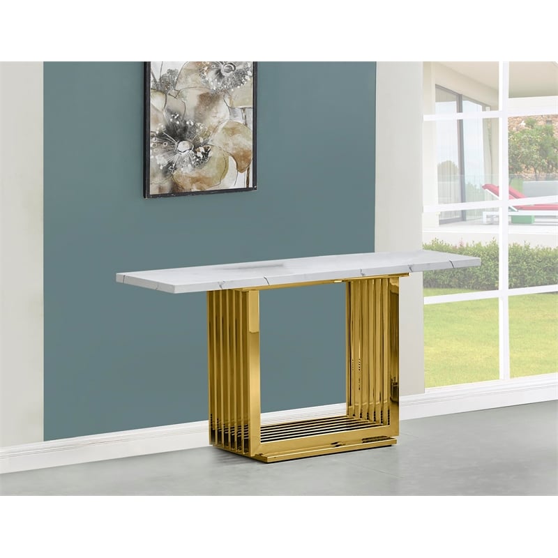 Pemberly Row White Marble Console Table with Gold Steel Base