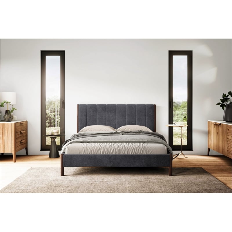 Pemberly Row Upholstered Platform Queen Bed in Dark Gray Fabric
