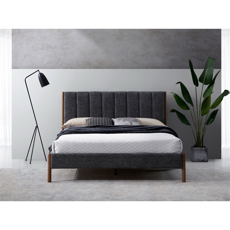 Pemberly Row Upholstered Platform Queen Bed in Dark Gray Fabric