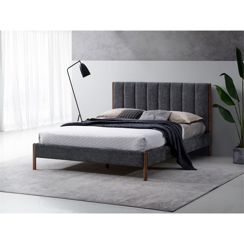 Pemberly Row Upholstered Platform Queen Bed in Dark Gray Fabric