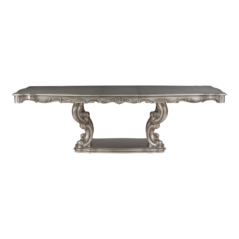 Pemberly Row Wooden Dining Table with Pedestal in Antique Platinum Silver