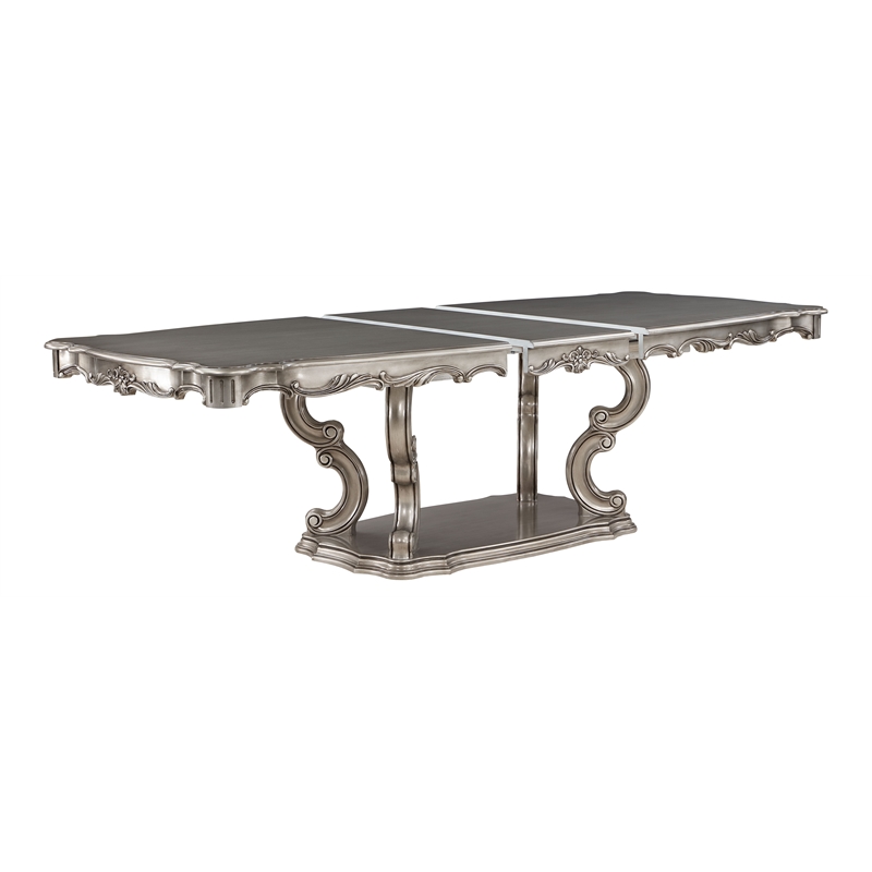 Pemberly Row Wooden Dining Table with Pedestal in Antique Platinum Silver