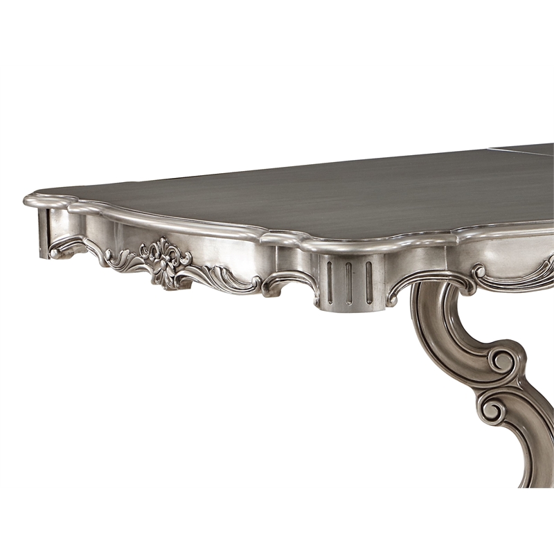 Pemberly Row Wooden Dining Table with Pedestal in Antique Platinum Silver