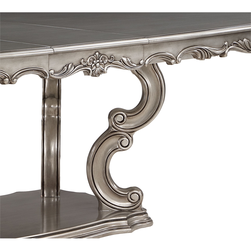 Pemberly Row Wooden Dining Table with Pedestal in Antique Platinum Silver