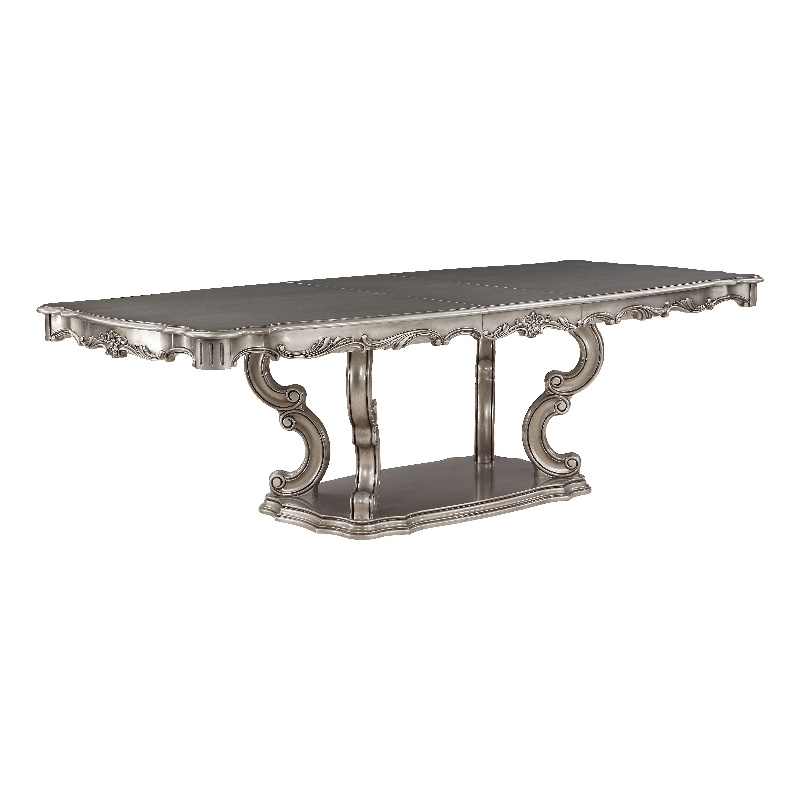 Pemberly Row Wooden Dining Table with Pedestal in Antique Platinum Silver