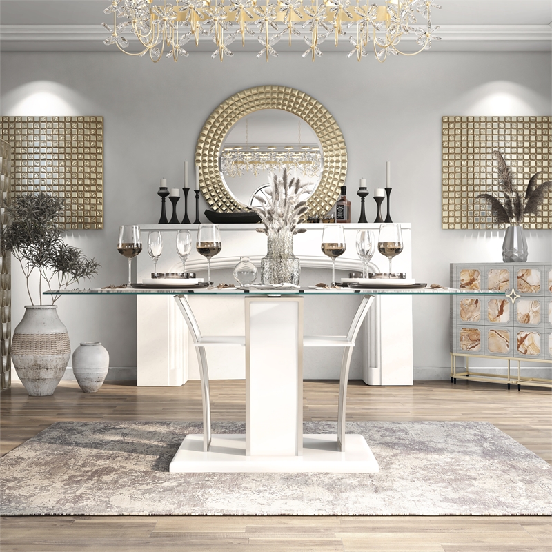 Pemberly Row Modern Contemporary Glass Top Dining Table in White