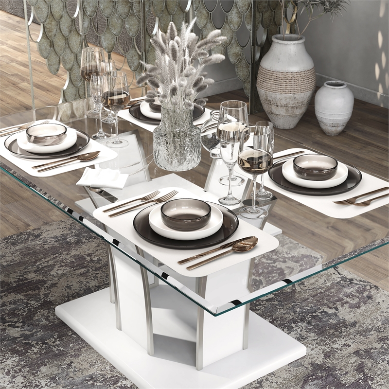 Pemberly Row Modern Contemporary Glass Top Dining Table in White
