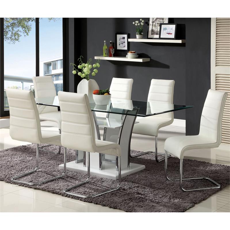 Pemberly Row Modern Contemporary Glass Top Dining Table in White