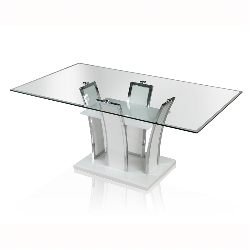 Pemberly Row Modern Contemporary Glass Top Dining Table in White