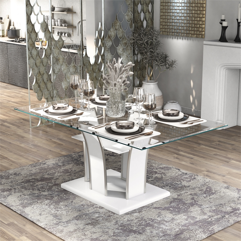 Pemberly Row Modern Contemporary Glass Top Dining Table in White
