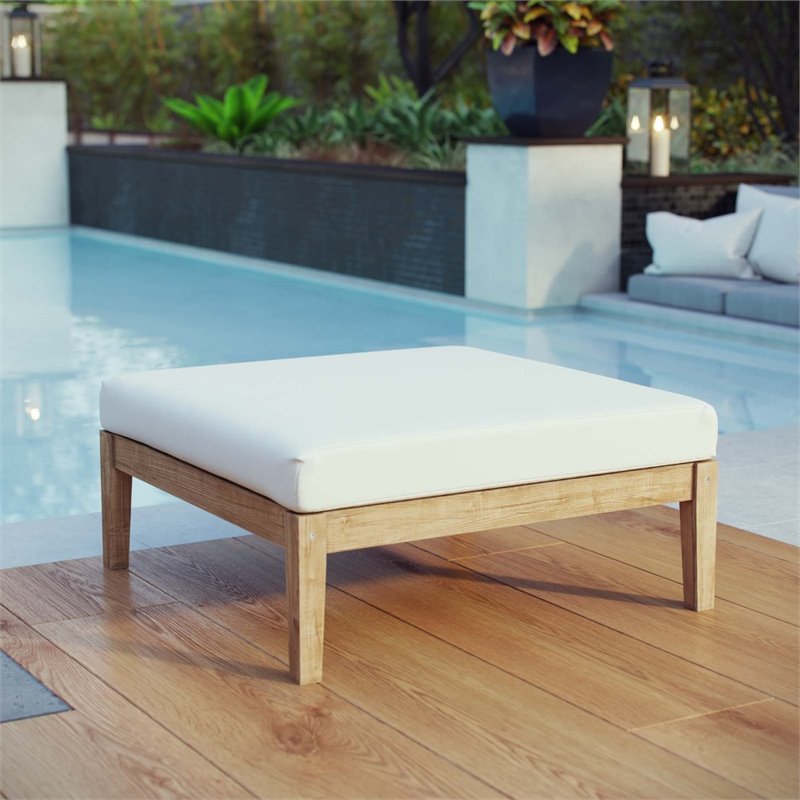 Pemberly Row Outdoor Patio Solid Teak Wood Ottoman in Natural/White