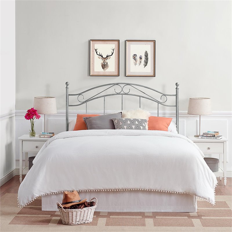 Pemberly Row Contemporary Queen Metal Spindle Headboard in Pewter