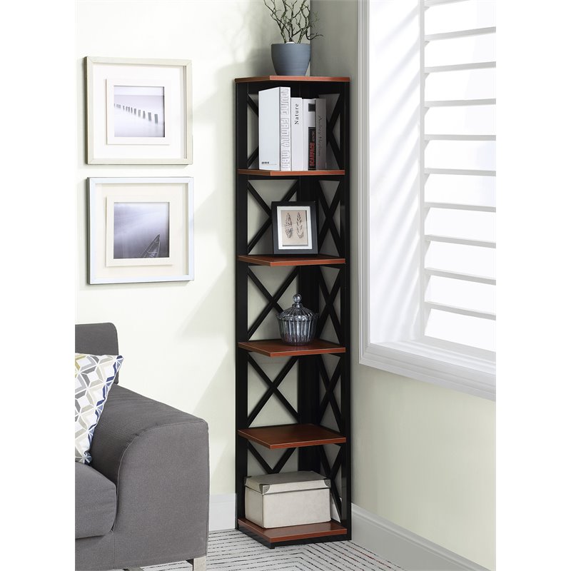 Pemberly Row Five-Tier Corner Bookshelf Bookcase in Cherry and Black Wood