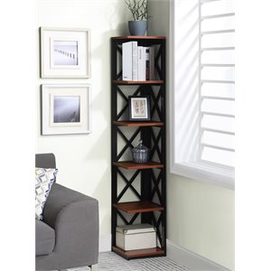 Pemberly Row Five-Tier Corner Bookshelf Bookcase in Cherry and Black Wood