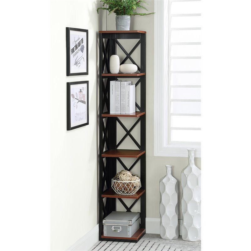 Pemberly Row Five-Tier Corner Bookshelf Bookcase in Cherry and Black Wood