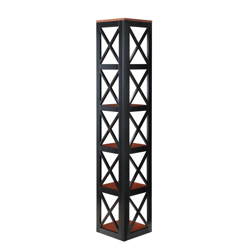 Pemberly Row Five-Tier Corner Bookshelf Bookcase in Cherry and Black Wood