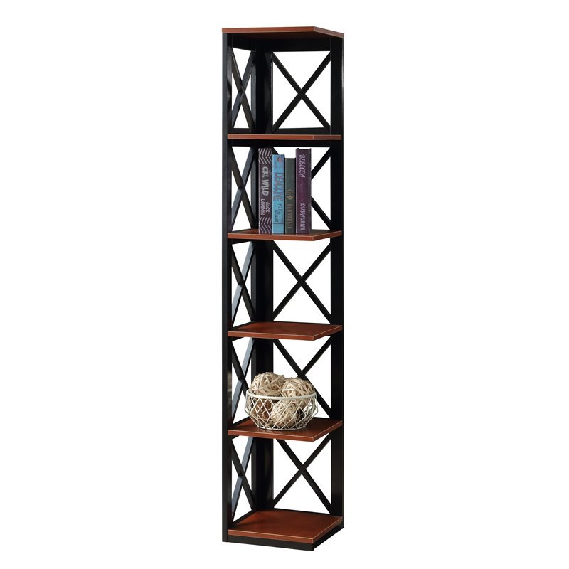Pemberly Row Five-Tier Corner Bookshelf Bookcase in Cherry and Black Wood