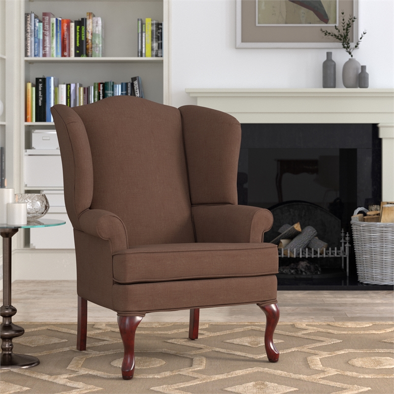 Pemberly Row Brown Fabric Traditional Wing Back Accent Chair