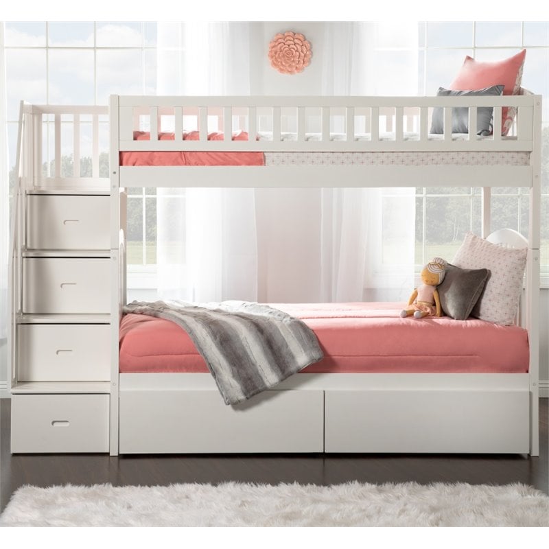 Pemberly Row Wood Staircase Storage Bunk Twin Over Twin in White