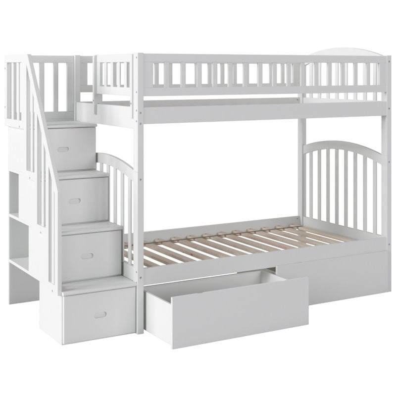 Pemberly Row Wood Staircase Storage Bunk Twin Over Twin in White