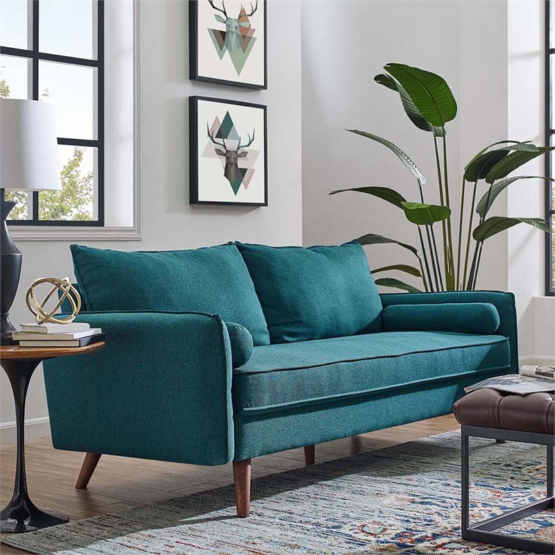 Pemberly Row Modern Fabric Upholstered Sofa in Teal & Walnut