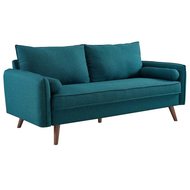Pemberly Row Modern Fabric Upholstered Sofa in Teal & Walnut