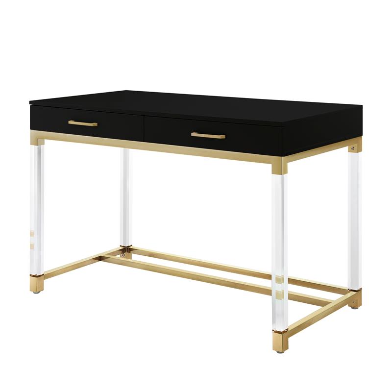 Pemberly Row Posh 2-Drawer Metal Writing Desk with Acrylic Legs in Black/Gold