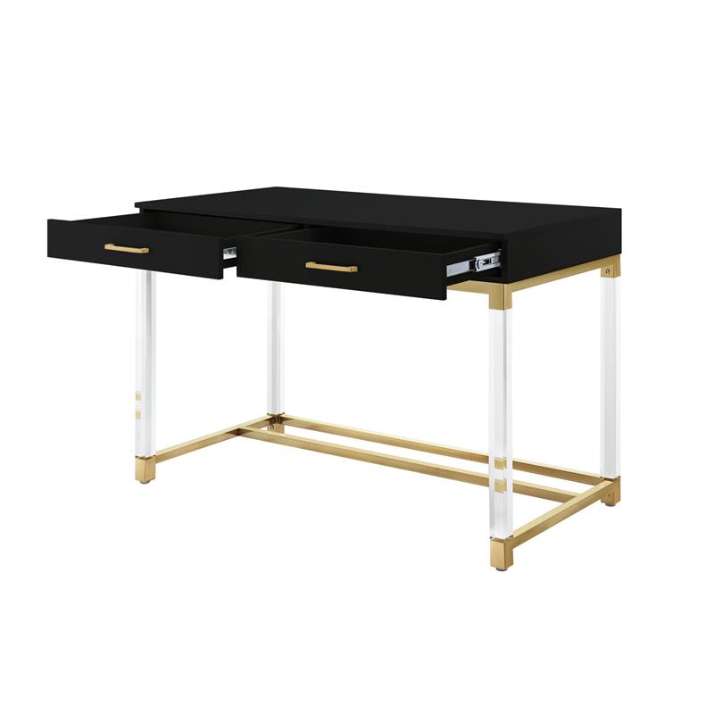 Pemberly Row Posh 2-Drawer Metal Writing Desk with Acrylic Legs in Black/Gold