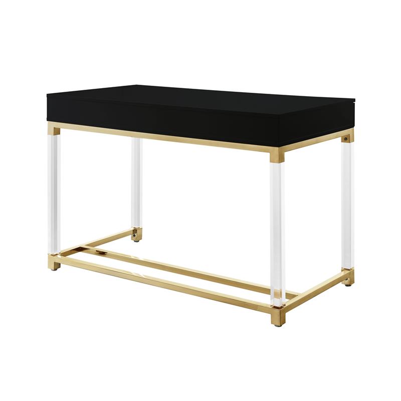 Pemberly Row Posh 2-Drawer Metal Writing Desk with Acrylic Legs in Black/Gold