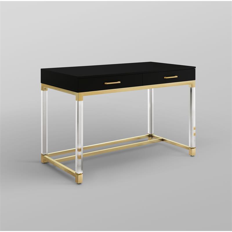 Pemberly Row Posh 2-Drawer Metal Writing Desk with Acrylic Legs in Black/Gold