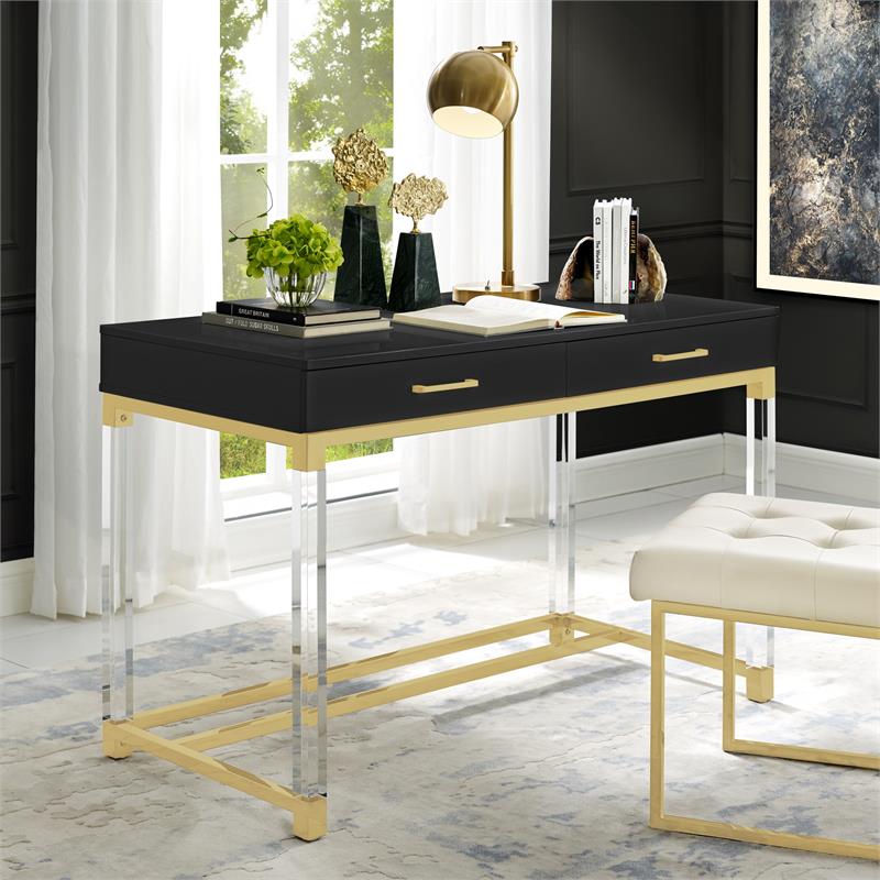 Pemberly Row Posh 2-Drawer Metal Writing Desk with Acrylic Legs in Black/Gold