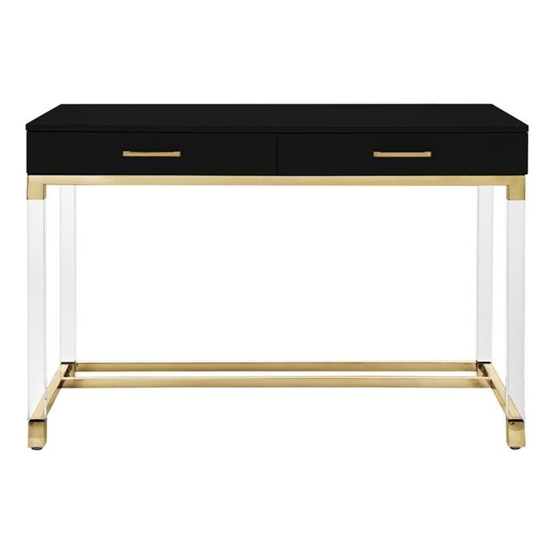 Pemberly Row Posh 2-Drawer Metal Writing Desk with Acrylic Legs in Black/Gold