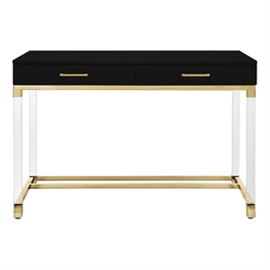 Pemberly Row Posh 2-Drawer Metal Writing Desk with Acrylic Legs in Black/Gold