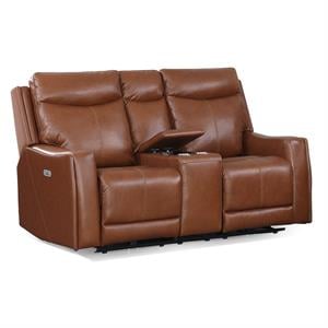 Pemberly Row Caramel Leather Power Loveseat Console Recliner