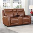 Pemberly Row Caramel Leather Power Loveseat Console Recliner