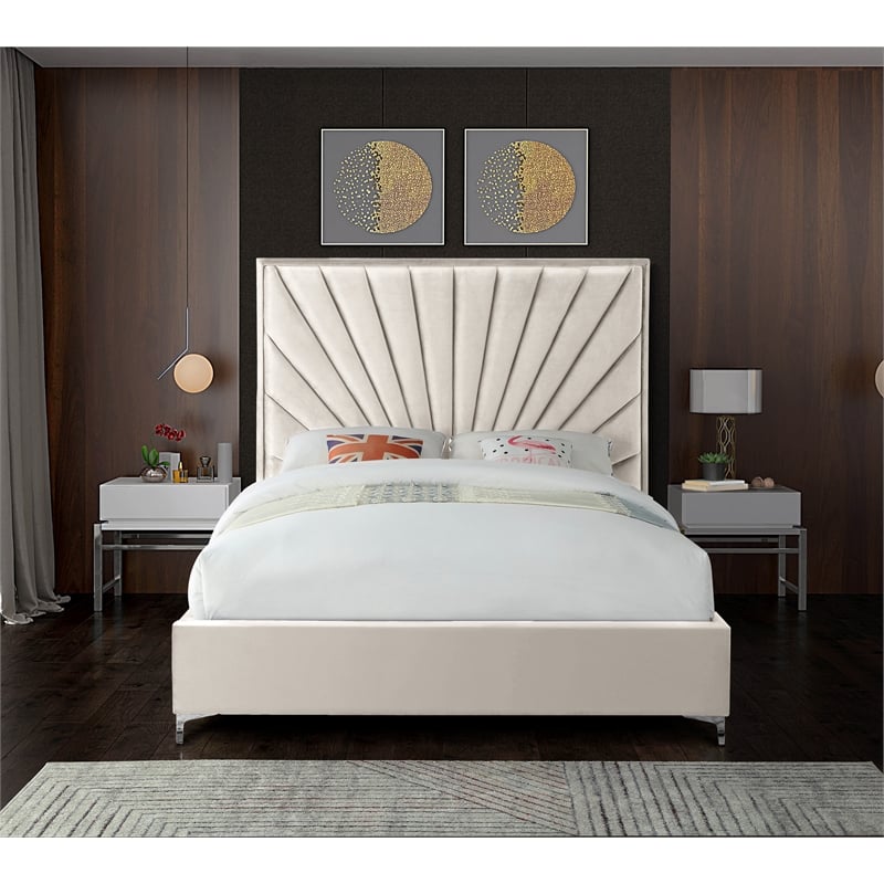 Pemberly Row Contemporary Solid Wood and Velvet Full Bed in Cream