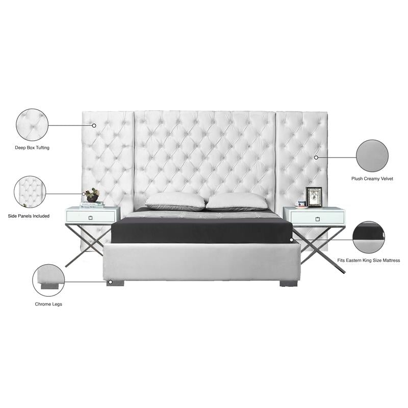 Pemberly Row Contemporary Solid Wood and Velvet King Bed in White