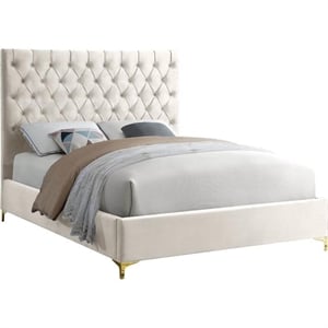 Pemberly Row Modern Solid Wood Tufted Velvet Queen Bed in Cream