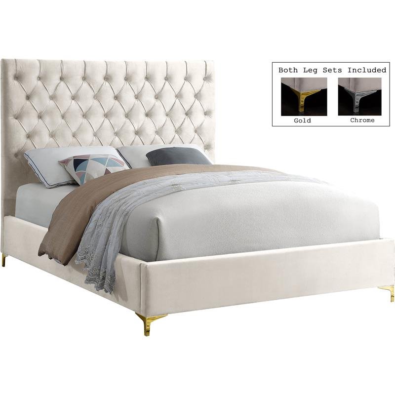 Pemberly Row Modern Solid Wood Tufted Velvet Queen Bed in Cream