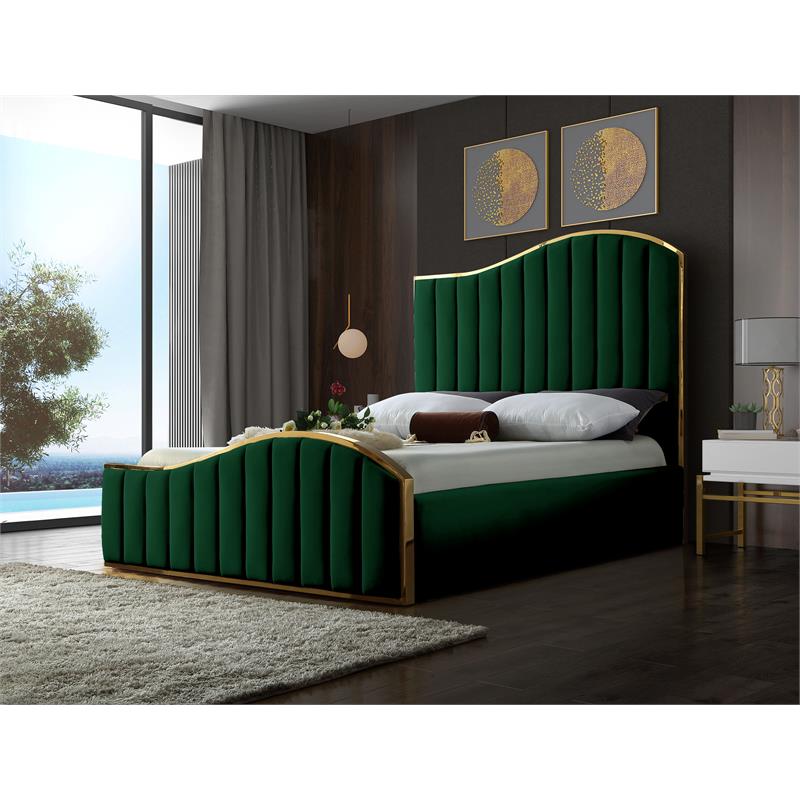 Pemberly Row Contemporary Solid Wood and Velvet King Bed in Green