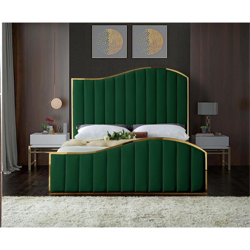 Pemberly Row Contemporary Solid Wood and Velvet King Bed in Green