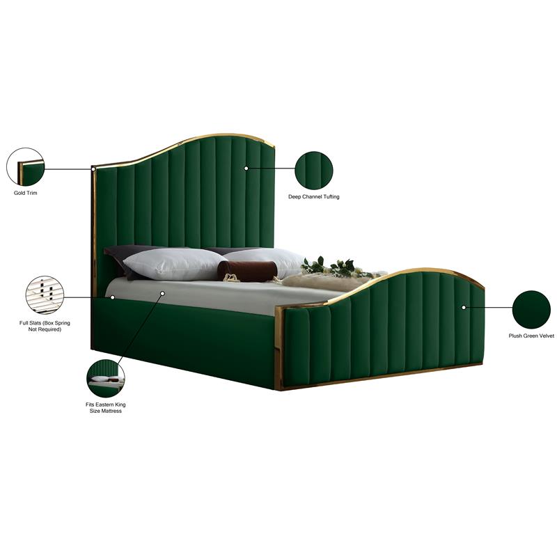 Pemberly Row Contemporary Solid Wood and Velvet King Bed in Green