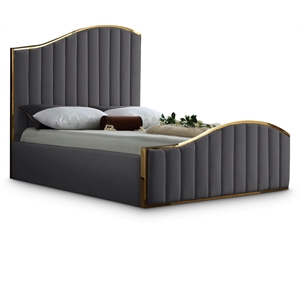 Pemberly Row Contemporary Solid Wood and Velvet Queen Bed in Gray