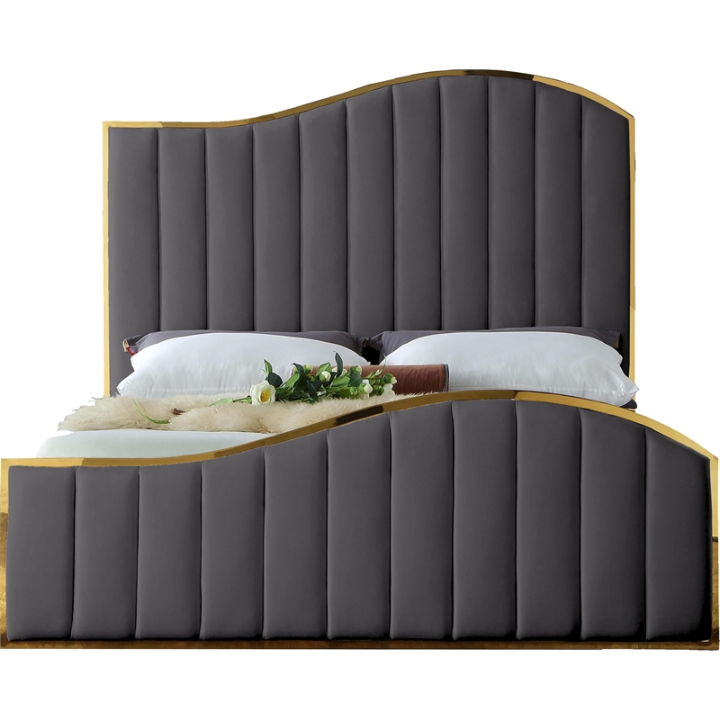 Pemberly Row Contemporary Solid Wood and Velvet Queen Bed in Gray