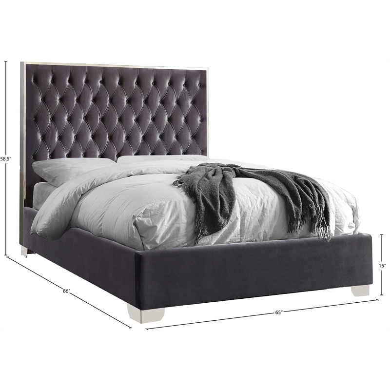 Pemberly Row Contemporary Solid Wood and Velvet Queen Bed in Gray
