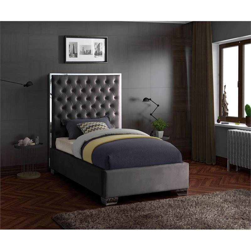 Pemberly Row Contemporary Solid Wood and Velvet Twin Bed in Gray