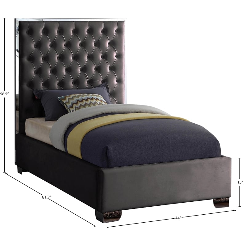 Pemberly Row Contemporary Solid Wood and Velvet Twin Bed in Gray