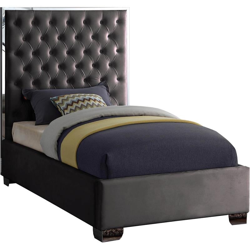 Pemberly Row Contemporary Solid Wood and Velvet Twin Bed in Gray