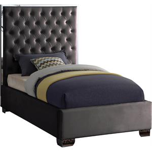 Pemberly Row Contemporary Solid Wood and Velvet Twin Bed in Gray