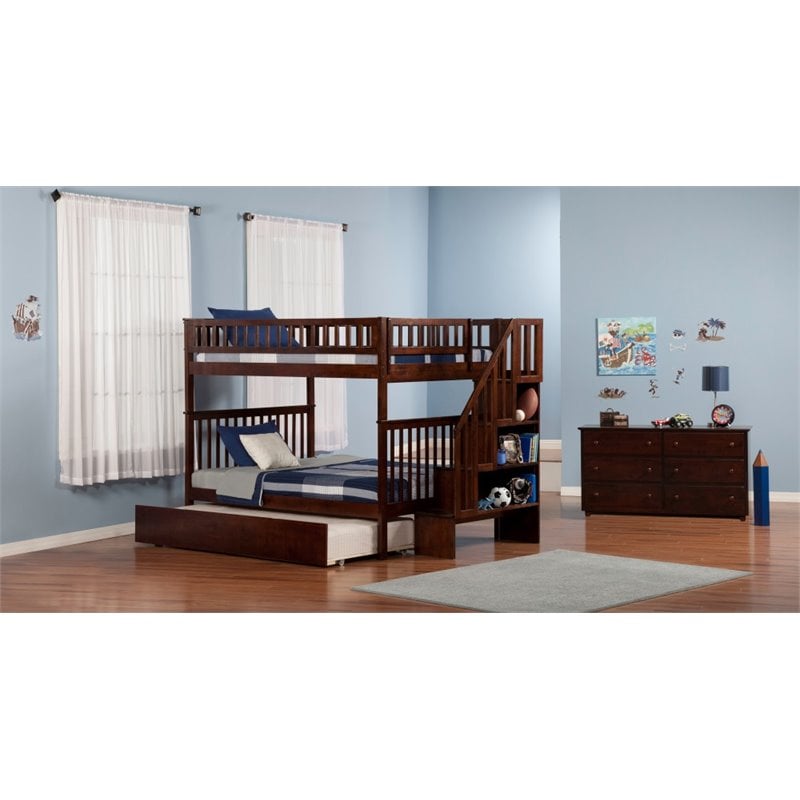 Pemberly Row Full over Full Solid Wood Modern Bunk Bed with Trundle in Walnut